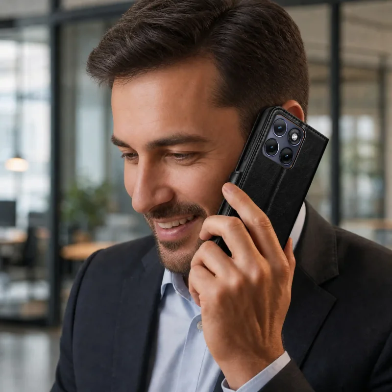 Czarne skórzane etui do Motorola Edge 70 Fusion podczas rozmowy telefonicznej