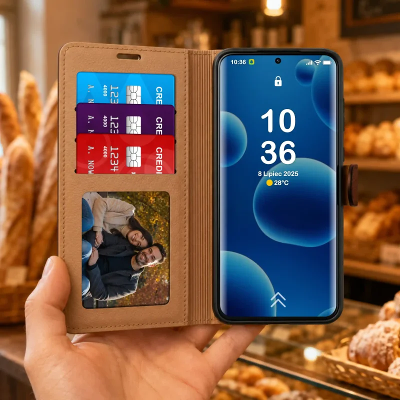 Wnętrze brązowego etui portfelowego do Motorola Edge 70 Fusion z przegródkami na karty i zdjęcie