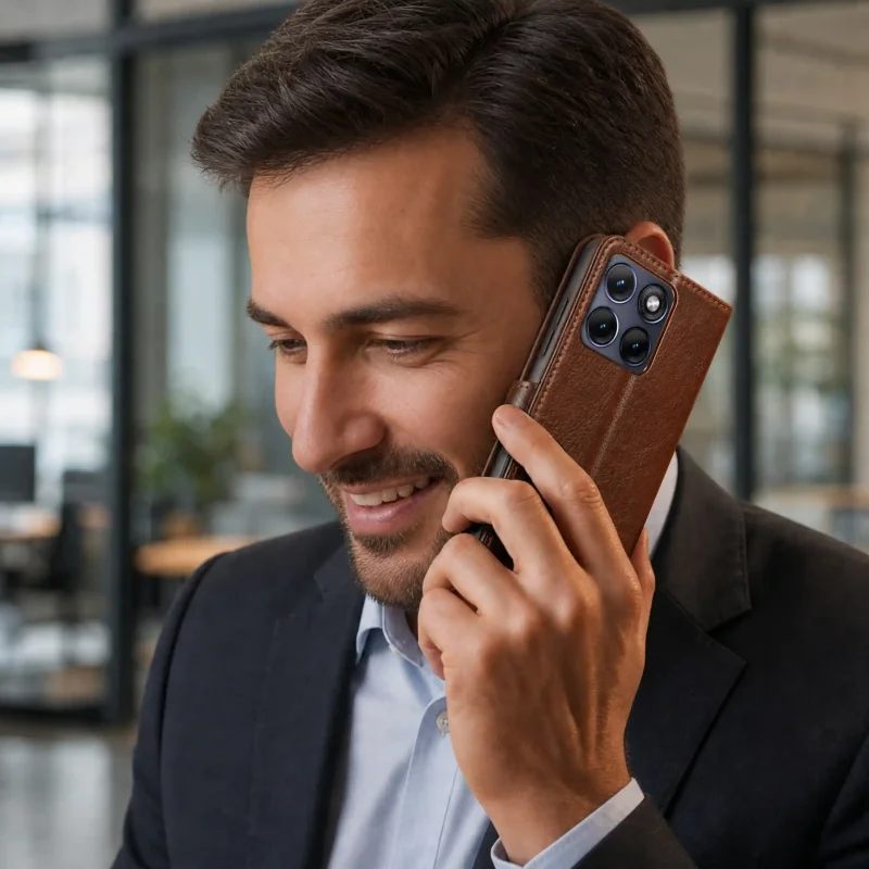 Telefon Motorola Edge 70 Fusion podczas rozmowy w brązowym skórzanym etui