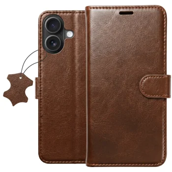 Etui do iPhone 16 z klapką skórzane brązowe ze szkłem