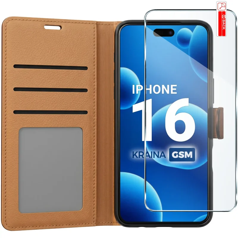 Brązowe etui portfelowe do iPhone 16 z trzema kieszonkami na karty