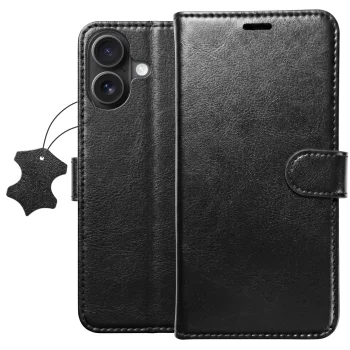 Etui do iPhone 17 z klapką skórzane czarne ze szkłem