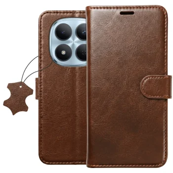 Etui do Xiaomi Redmi Note 15 Pro 5G z klapką skórzane brązowe ze szkłem