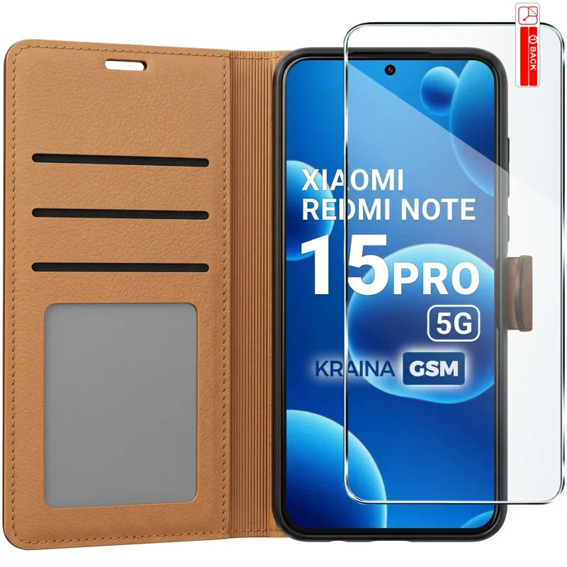 Brązowe etui portfelowe do Xiaomi Redmi Note 15 Pro 5G z trzema kieszonkami na karty