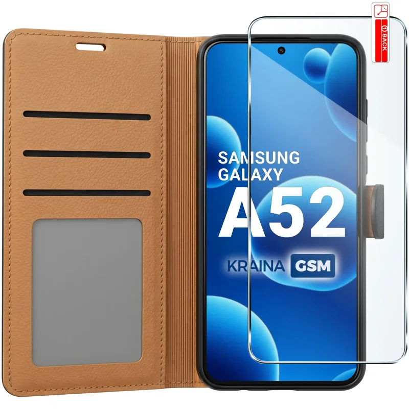 Czarne skórzane etui zamykane do Samsung Galaxy A52 / A52s 5G z trzema kieszonkami i szkłem 9H