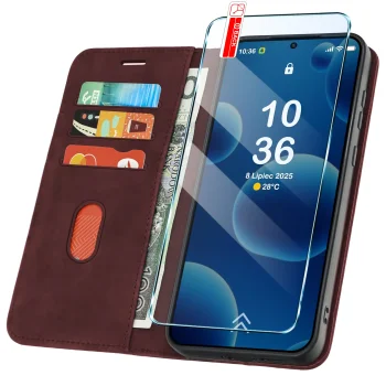 Etui do Samsung Galaxy A52 / A52s 5G skórzane Velvet zamykane bordowe ze szkłem