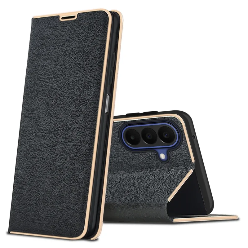 Eleganckie etui z klapką do Samsung Galaxy A27 5G w czarnym kolorze ze złotą ramką i funkcją podstawki