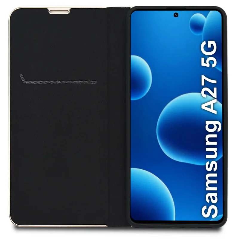 Wnętrze czarnego etui do Samsung Galaxy A27 5G z kieszonką na kartę oraz miękką wyściółką chroniącą ekran