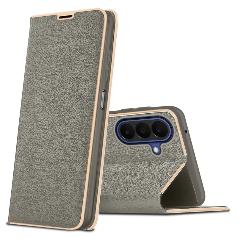 Eleganckie etui z klapką do Samsung Galaxy A27 5G w szarym kolorze ze złotą ramką i funkcją podstawki