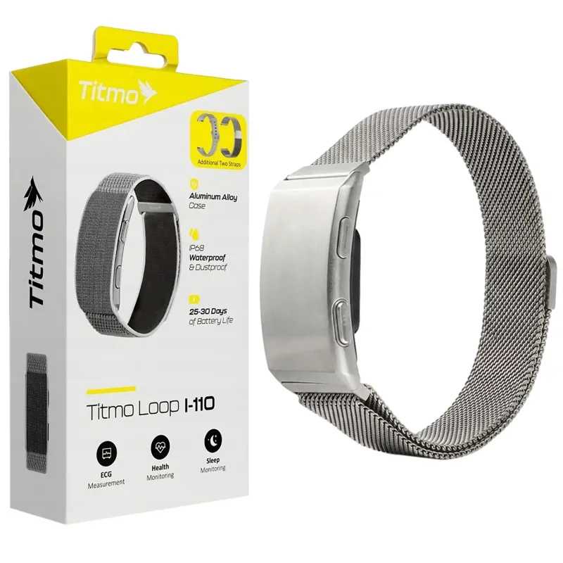 Smartband TITMO Loop I-110 srebrny z opakowaniem i stalowym paskiem mesh