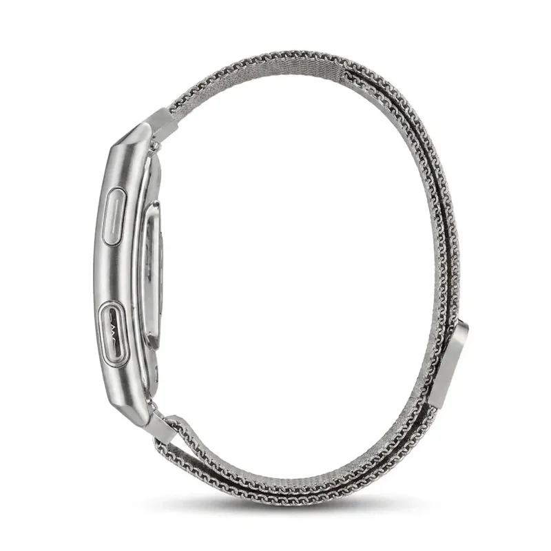 Smartband TITMO Loop I-110 srebrny widok boczny z przyciskami i paskiem mesh