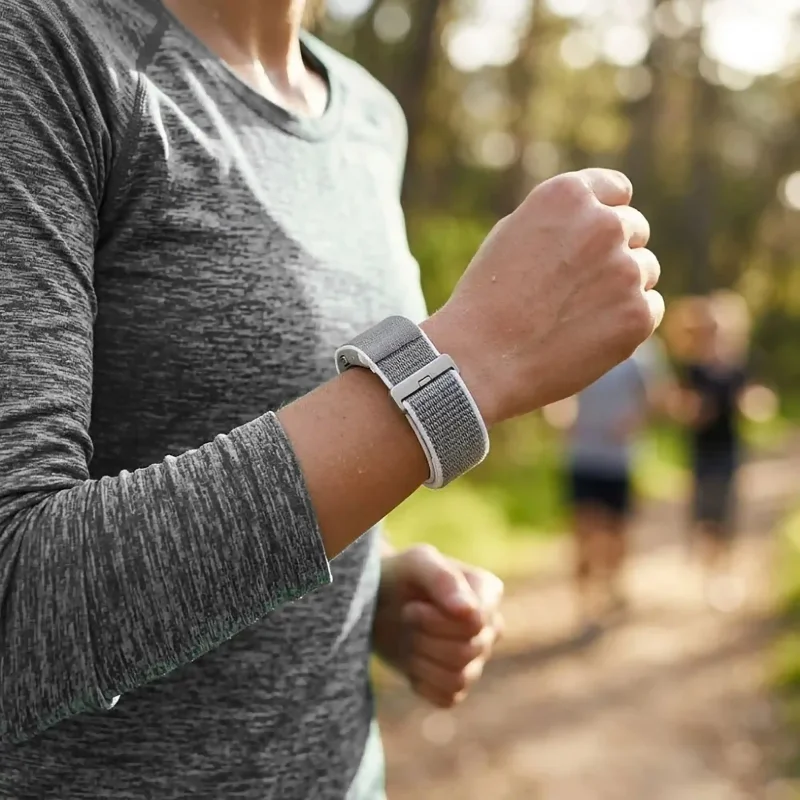 Smartband TITMO Loop I-110 na szarym pasku podczas biegania w plenerze