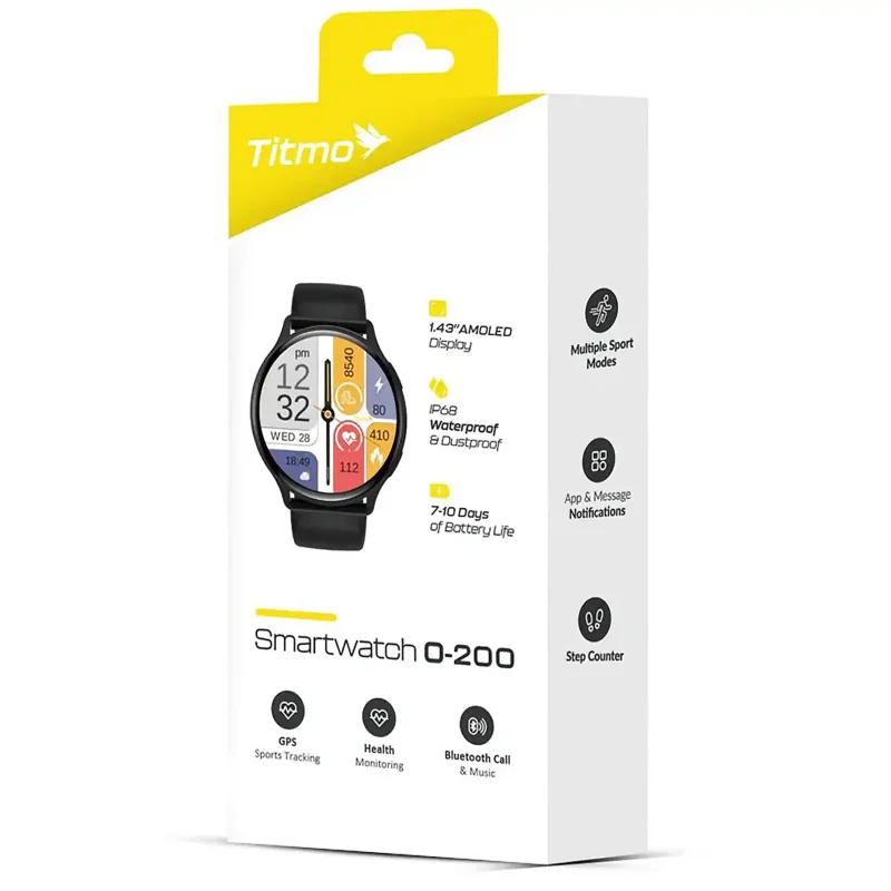 Opakowanie smartwatcha TITMO O-200 z opisem najważniejszych funkcji