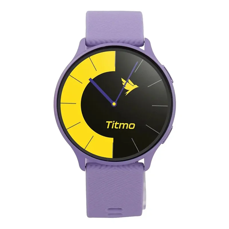 Fioletowy smartwatch TITMO O-200 widok z przodu z tarczą analogową