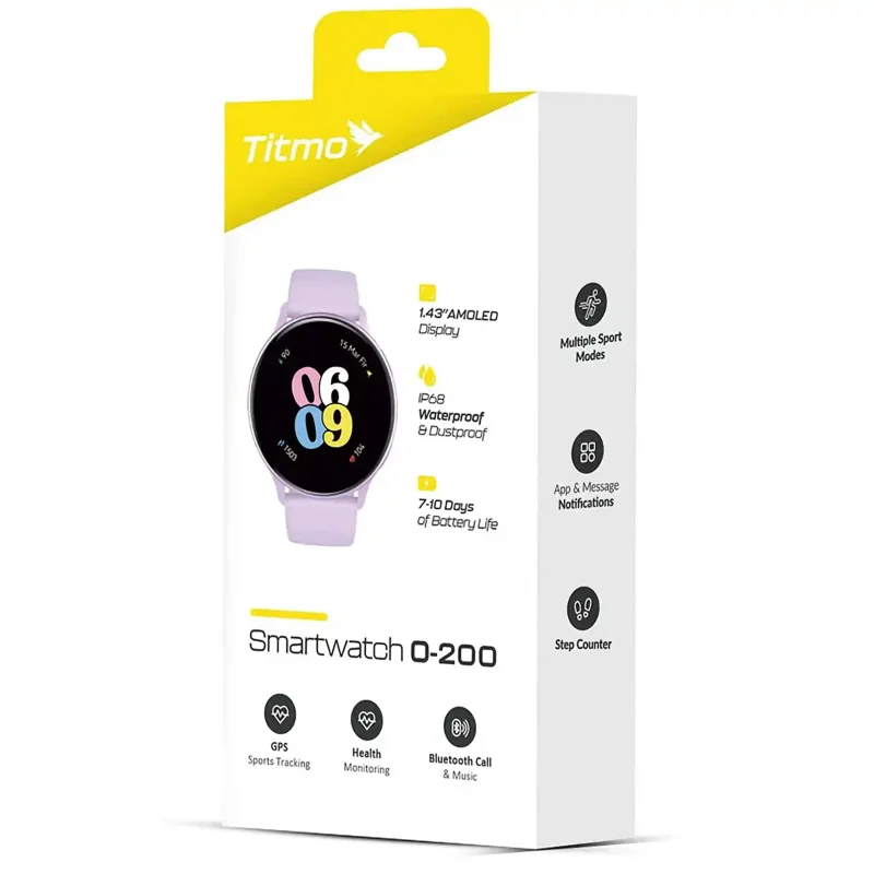 Opakowanie smartwatcha TITMO O-200 z ekranem AMOLED i funkcjami