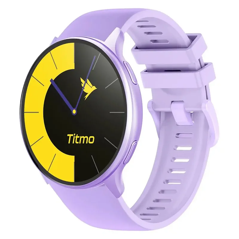 Fioletowy smartwatch TITMO O-200 w ujęciu pod kątem z paskiem 22 mm