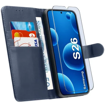 Etui do Samsung Galaxy S26 granatowe magnetyczne z klapką ze szkłem