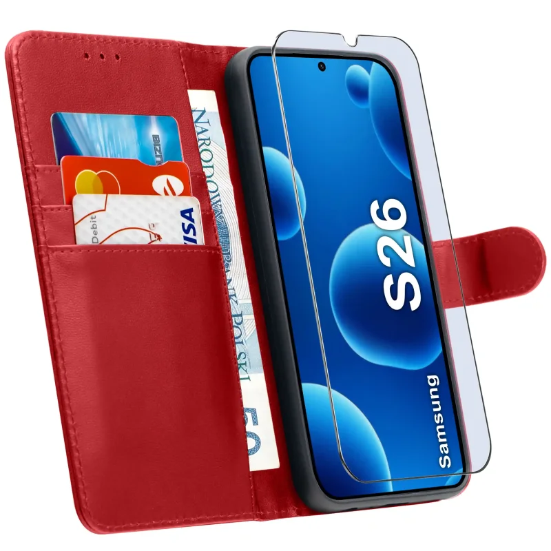 Etui skórzane czerwone do Samsung Galaxy S26 z kieszonkami na karty, funkcją stojaka i szkłem hartowanym 9H