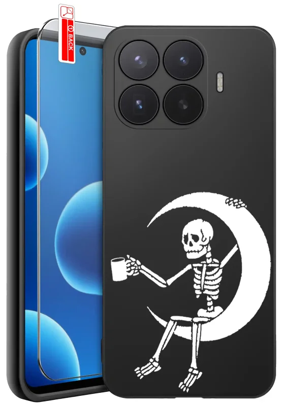 Etui Halloween do Xiaomi 17T Pro z nadrukiem szkieleta na księżycu oraz szkło hartowane 9H w zestawie