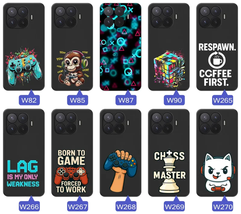 Kolekcja gamingowych etui do Xiaomi 17T Pro z motywami padów, neonowych symboli, retro haseł i pikselowych grafik inspirowanych światem gier