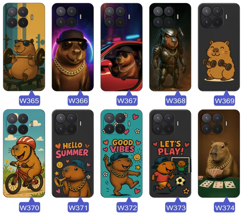 Kolekcja wzorów z kapibarą na Xiaomi 17T Pro: kolorowe grafiki z słodką kapibarą i różne napisy