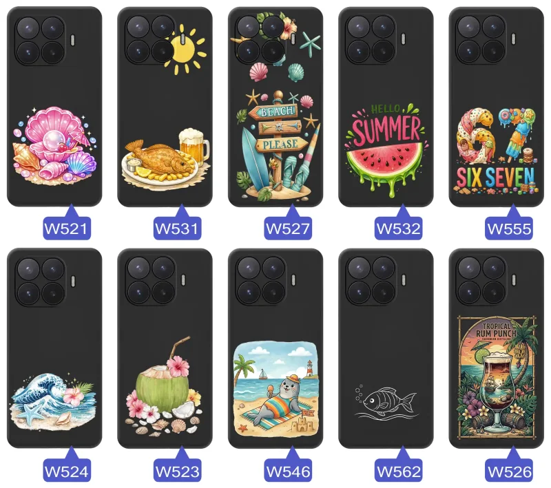Kolekcja etui do Xiaomi 17T Pro z letnimi wzorami muszli, ryb, plaży, arbuza, fal, kokosa i tropikalnego napoju