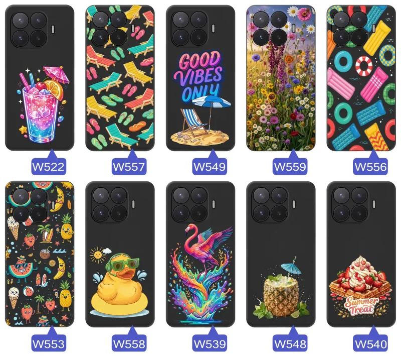 Różne letnie wzory etui do Xiaomi 17T Pro z motywami leżaków, napojów, kwiatów, materacy, flamingów i owoców
