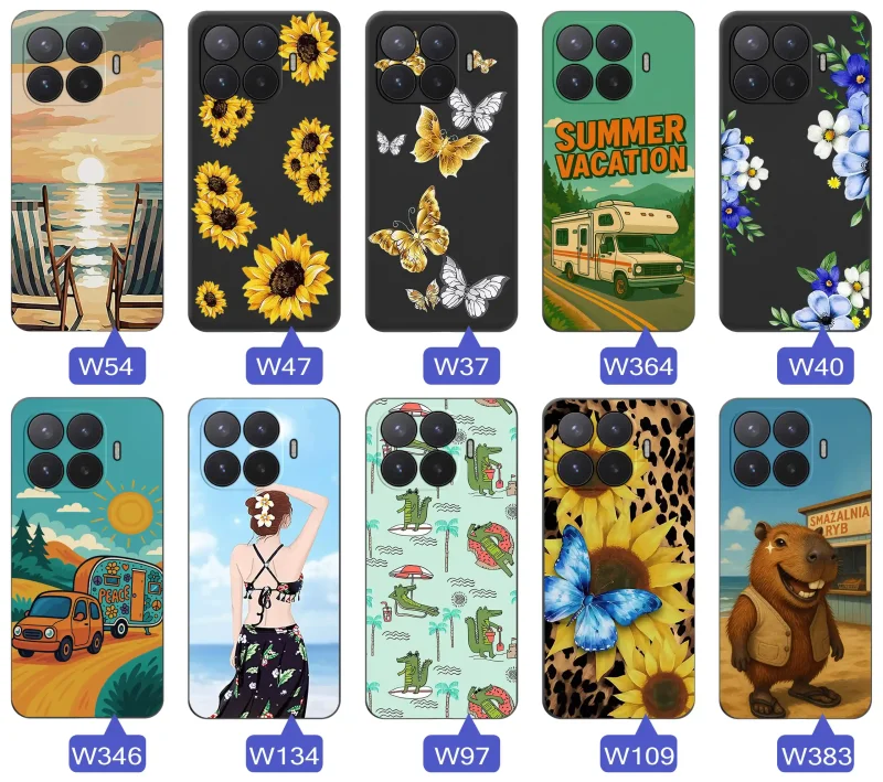 Zestaw etui do Xiaomi 17T Pro z letnimi wzorami słoneczników, motyli, kampera, plaży, krokodyli i kapibary