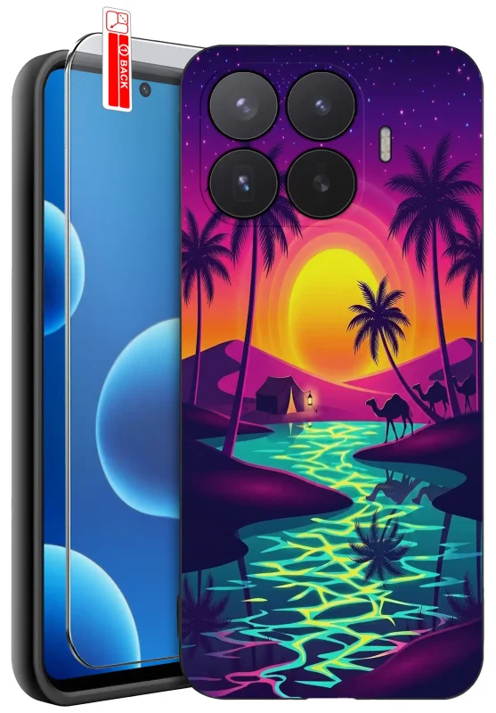 Etui wakacyjne do Xiaomi 17T Pro z nadrukiem zachodu słońca, palm i pustynnego krajobrazu oraz szkłem hartowanym 9H w zestawie