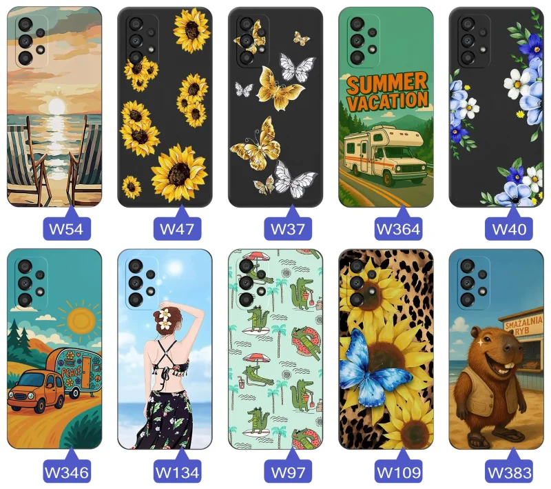 Zestaw etui do Samsung Galaxy A32 4G z letnimi wzorami słoneczników, motyli, kampera, plaży, krokodyli i kapibary