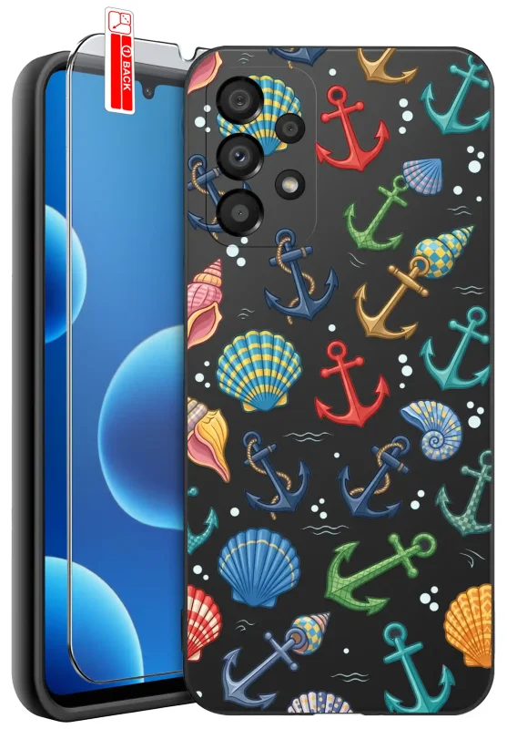 Etui wakacyjne do Samsung Galaxy A32 5G z morskim wzorem kolorowych kotwic i muszli oraz szkłem hartowanym 9H w zestawie