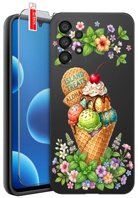Etui wakacyjne do Samsung Galaxy A33 5G z letnim wzorem lodów, kwiatów i napisem Island Treats Aloha oraz szkłem hartowanym 9H w zestawie