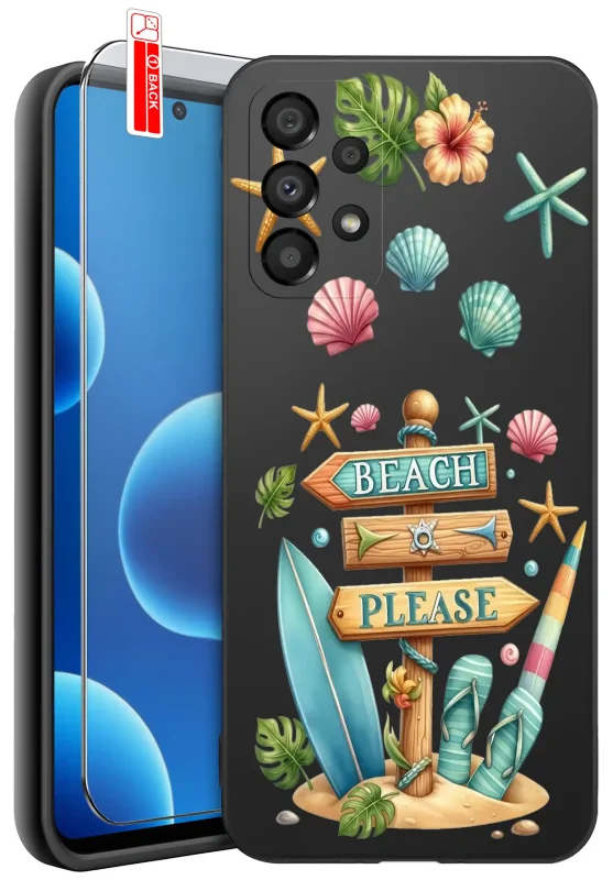 Etui wakacyjne do Samsung Galaxy A53 5G z plażowym wzorem deski surfingowej, muszli, rozgwiazd i napisem Beach Please oraz szkłem hartowanym 9H w zestawie