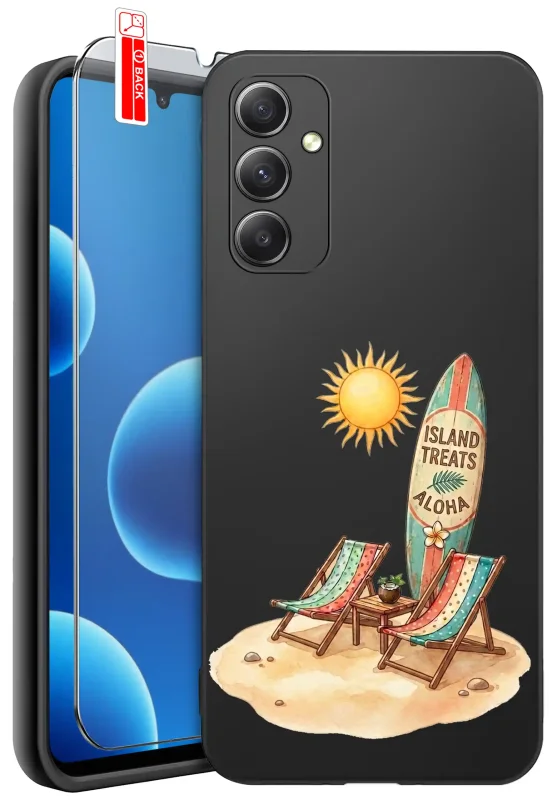 Etui wakacyjne do Samsung Galaxy A05s z plażowym wzorem leżaków, deski surfingowej, słońca i napisem Aloha oraz szkłem hartowanym 9H w zestawie