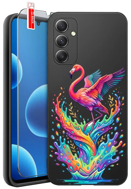 Etui wakacyjne do Samsung Galaxy A25 5G z kolorowym flamingiem, tęczowymi falami i motywem wody oraz szkłem hartowanym 9H w zestawie