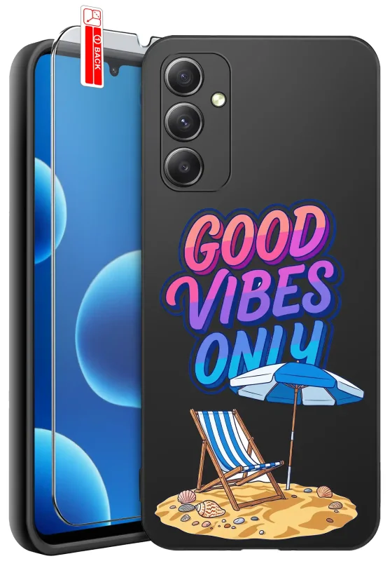 Etui wakacyjne do Samsung Galaxy M15 5G z napisem Good Vibes Only, leżakiem plażowym, parasolem i szkłem hartowanym 9H w zestawie