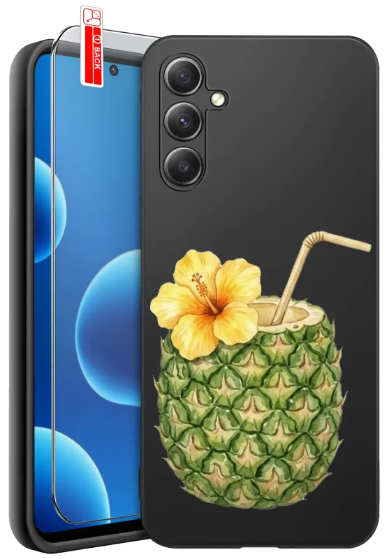 Etui wakacyjne do Samsung Galaxy M35 5G z ananasem, żółtym kwiatem hibiskusa i słomką oraz szkłem hartowanym 9H w zestawie