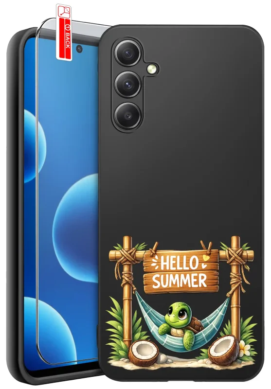 Etui wakacyjne do Samsung Galaxy M55 5G z żółwiem w hamaku, kokosami i napisem Hello Summer oraz szkłem hartowanym 9H w zestawie