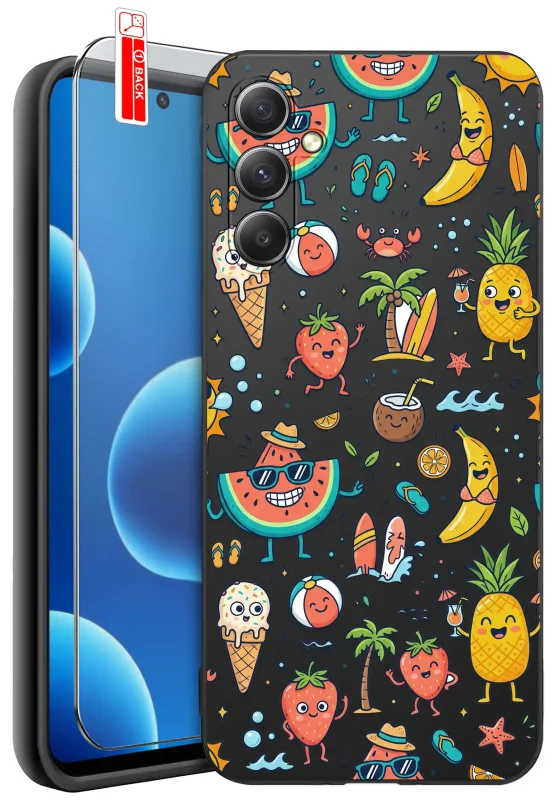 Etui wakacyjne do Samsung Galaxy A55 5G z kolorowymi owocami, lodami, palmami, deskami surfingowymi i plażowymi motywami oraz szkłem hartowanym 9H w zestawie