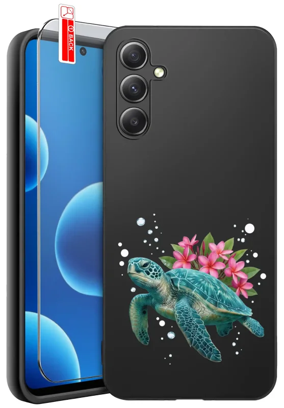 Etui wakacyjne do Samsung Galaxy S24 z żółwiem morskim, różowymi kwiatami i motywem bąbelków oraz szkłem hartowanym 9H w zestawie