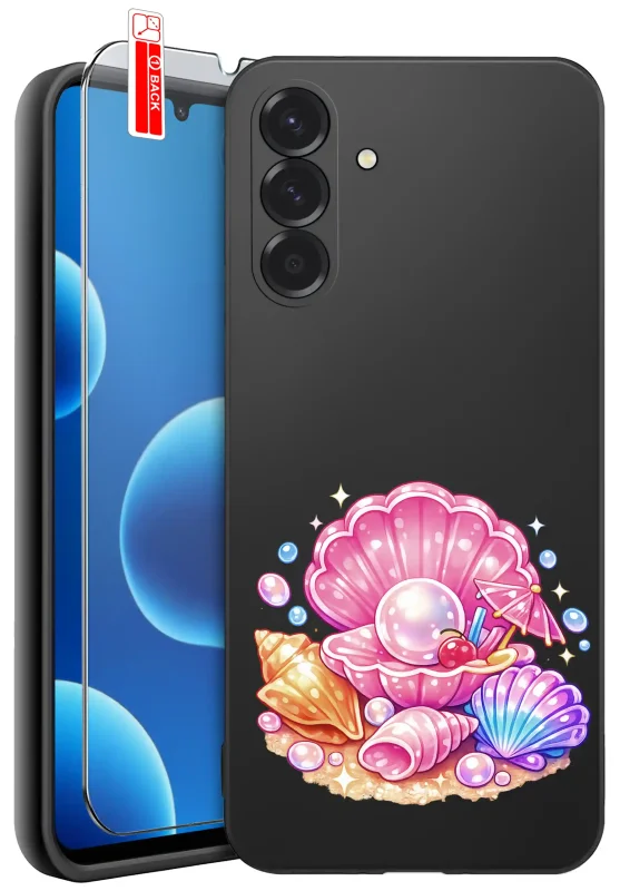 Etui wakacyjne do Samsung Galaxy A17 5G z kolorowym nadrukiem muszli i pereł oraz szkłem hartowanym 9H w zestawie