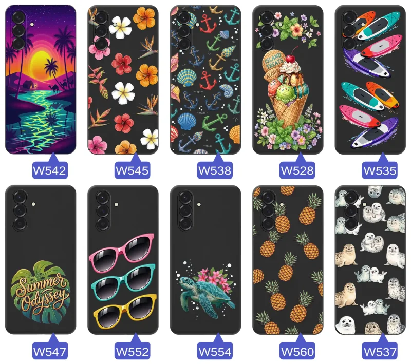 Kolekcja etui wakacyjnych do Samsung Galaxy A26 5G z palmami, kwiatami, kotwicami, lodami, deskami SUP, fokami i ananasami