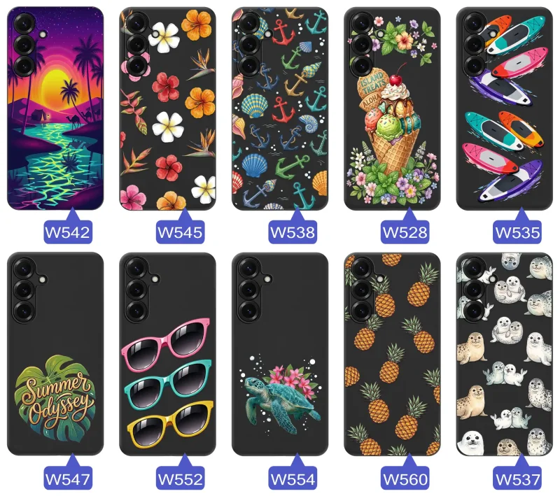 Kolekcja etui wakacyjnych do Samsung Galaxy S26+ Plus z palmami, kwiatami, kotwicami, lodami, deskami SUP, fokami i ananasami