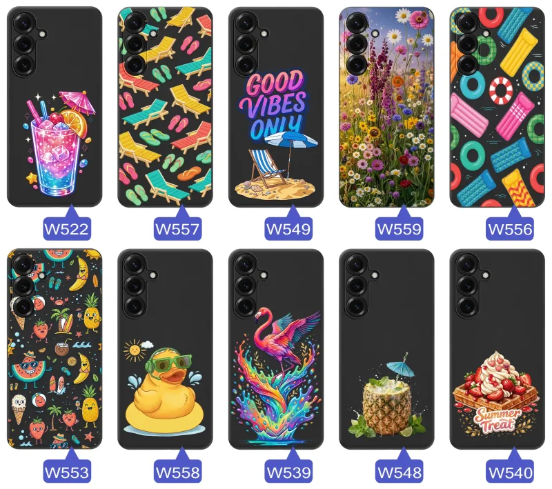 Różne letnie wzory etui do Samsung Galaxy S26+ Plus z motywami leżaków, napojów, kwiatów, materacy, flamingów i owoców