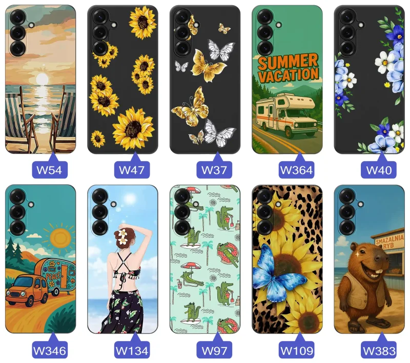 Zestaw etui do Samsung Galaxy S26+ Plus z letnimi wzorami słoneczników, motyli, kampera, plaży, krokodyli i kapibary