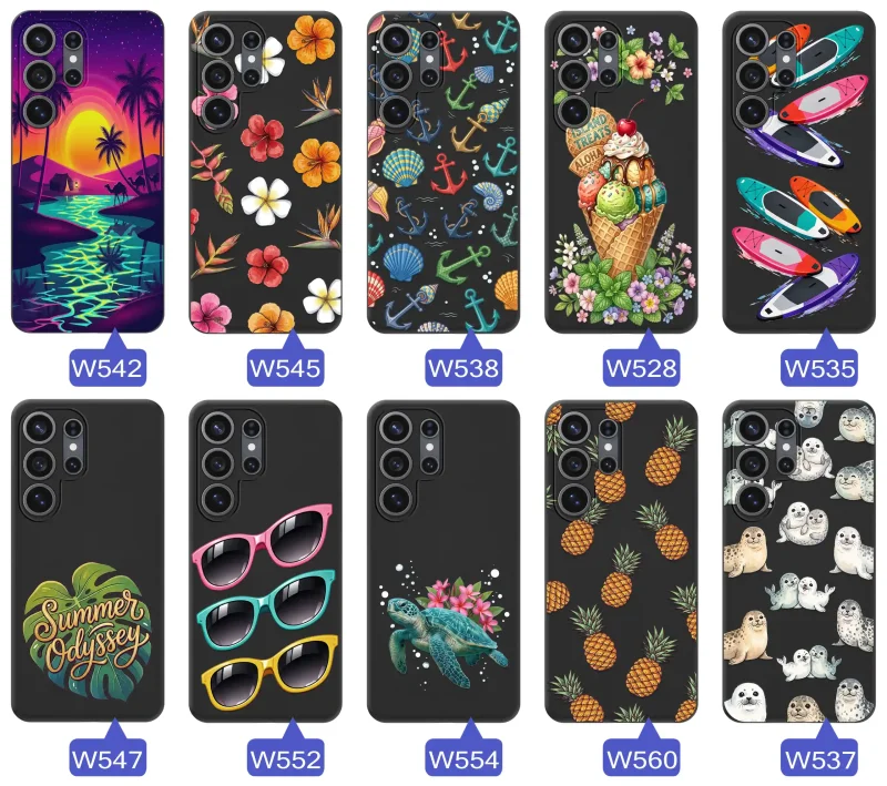 Kolekcja etui wakacyjnych do Samsung Galaxy S26 Ultra z palmami, kwiatami, kotwicami, lodami, deskami SUP, fokami i ananasami