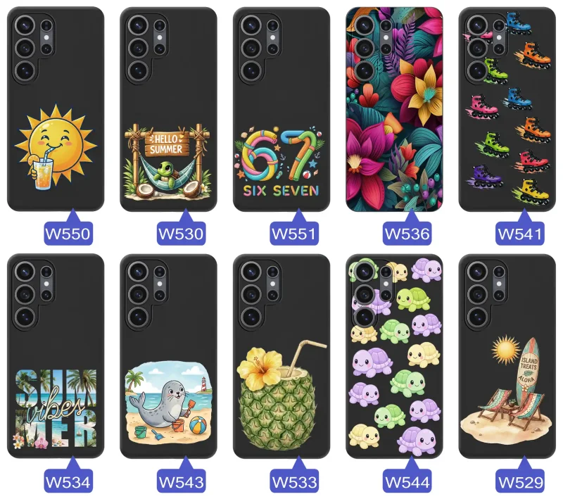 Różne etui wakacyjne do Samsung Galaxy S26 Ultra ze słońcem, hamakiem, motywem 67, kwiatami, rolkami i plażowymi grafikami