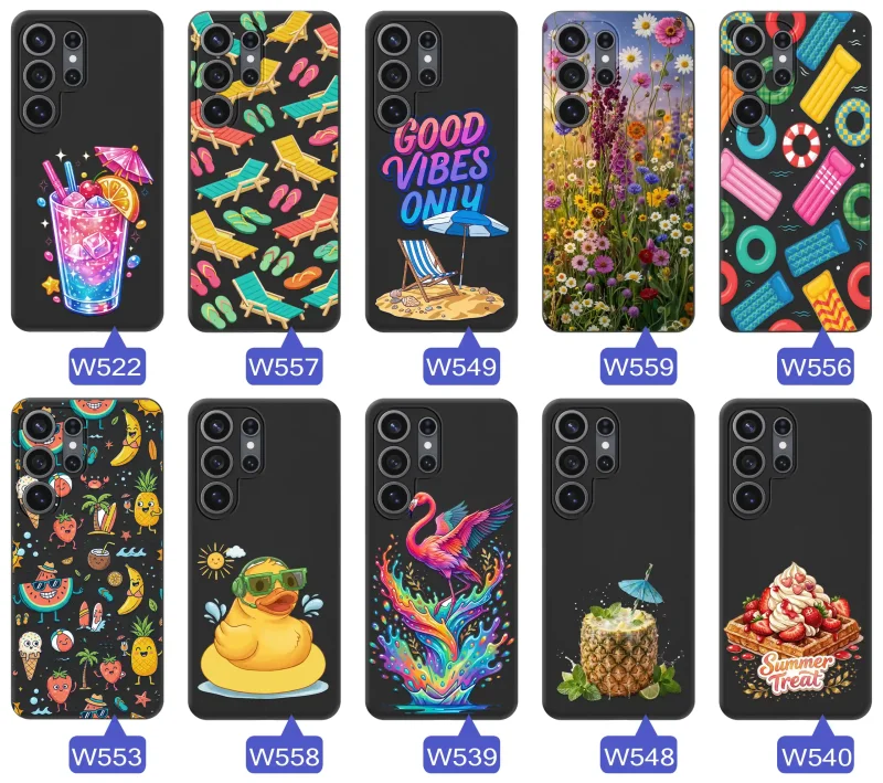 Różne letnie wzory etui do Samsung Galaxy S26 Ultra z motywami leżaków, napojów, kwiatów, materacy, flamingów i owoców