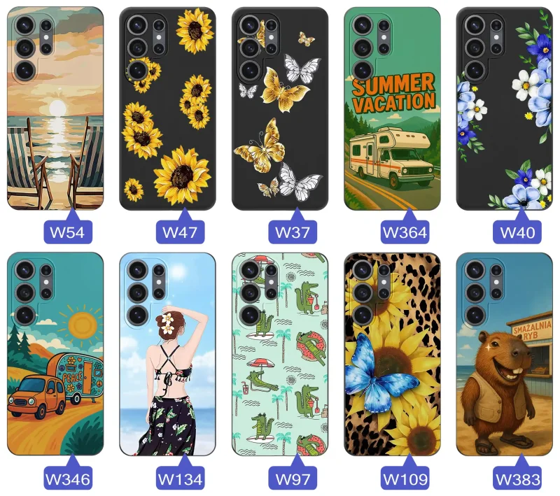 Zestaw etui do Samsung Galaxy S26 Ultra z letnimi wzorami słoneczników, motyli, kampera, plaży, krokodyli i kapibary