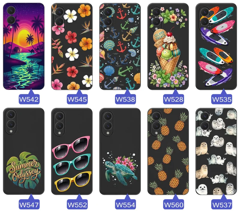 Kolekcja etui wakacyjnych do Samsung Galaxy S25 Edge z palmami, kwiatami, kotwicami, lodami, deskami SUP, fokami i ananasami